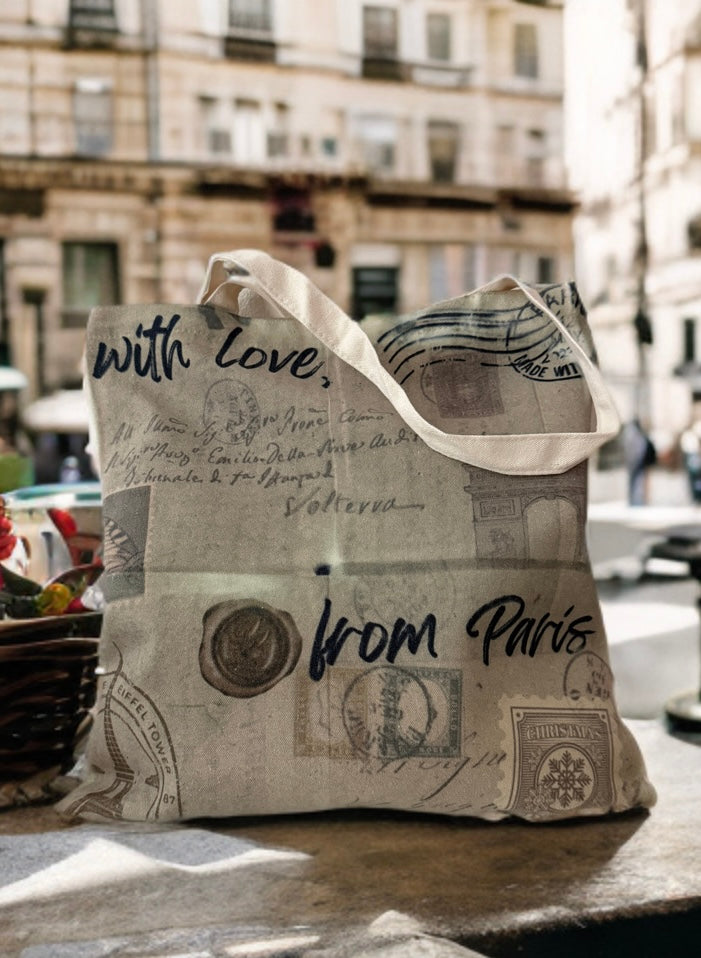 “Paris” vintage postcard tote bag